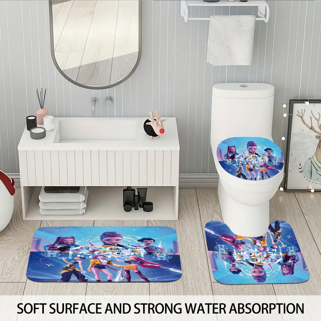 4 stk K-Pop Demon Hunters trykk baderomsett 180x180 vanntett dusjforheng 12 kroker gulvmatte, toalettsete, U-formet pute