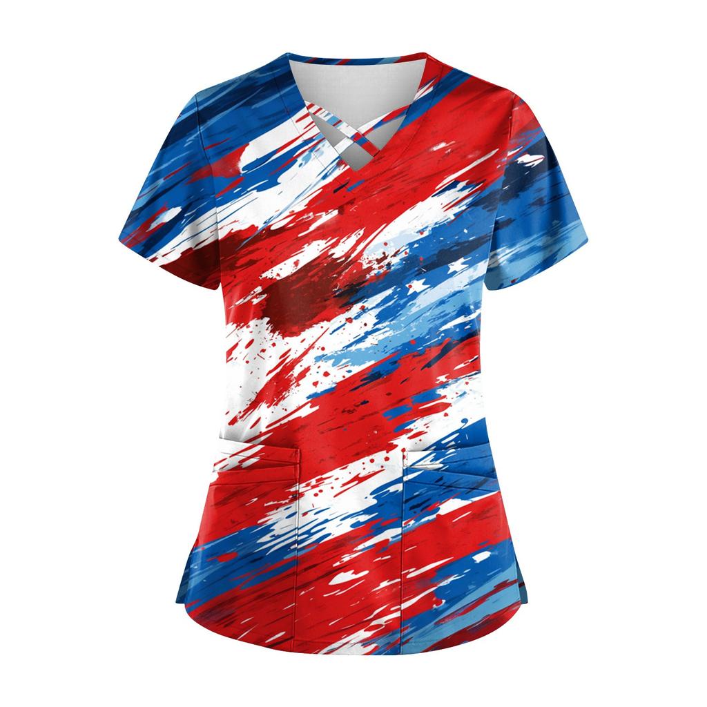 Top de damă cu mânecă scurtă Stagger cu decolteu în V cu imprimeu buzunar pentru asistentă uscată