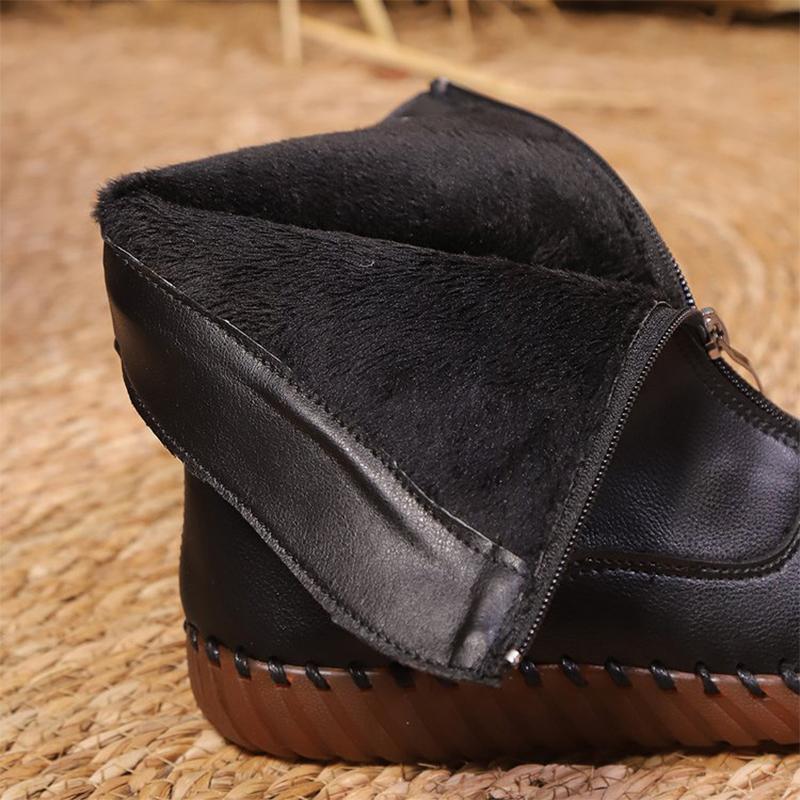 Fashion Vintage Pu Leather Mid-Calf Boots Women Winter Thick Warm Short Plush Boots Woman Zipper Flat Heel Beige Black Botas Mujer
