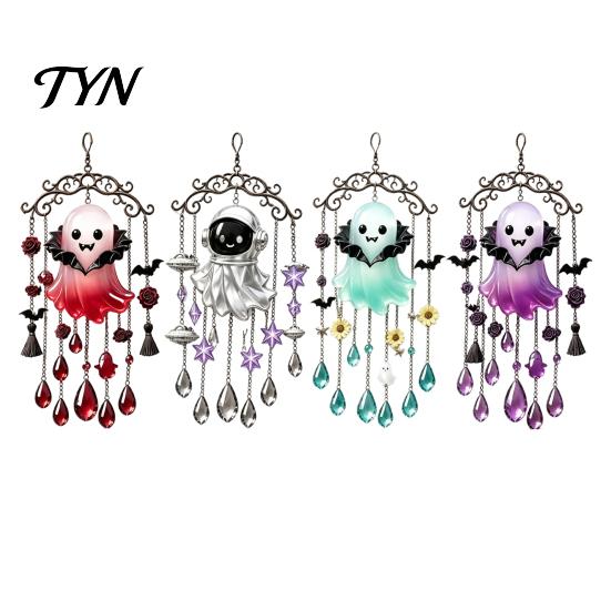 Halloween Party Supplies Ghost Wind Chime Decoration, Vintage Sun Catcher with Faux Crystal Alloy Chain Drops Tassels, Acrylic Hanging Ornament