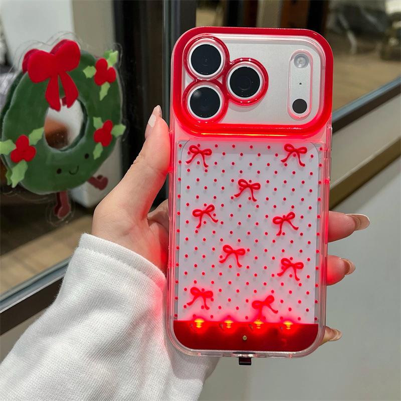 Burgundy bow mobile phone case iPhone16 voice-activated call flash anti-drop cover