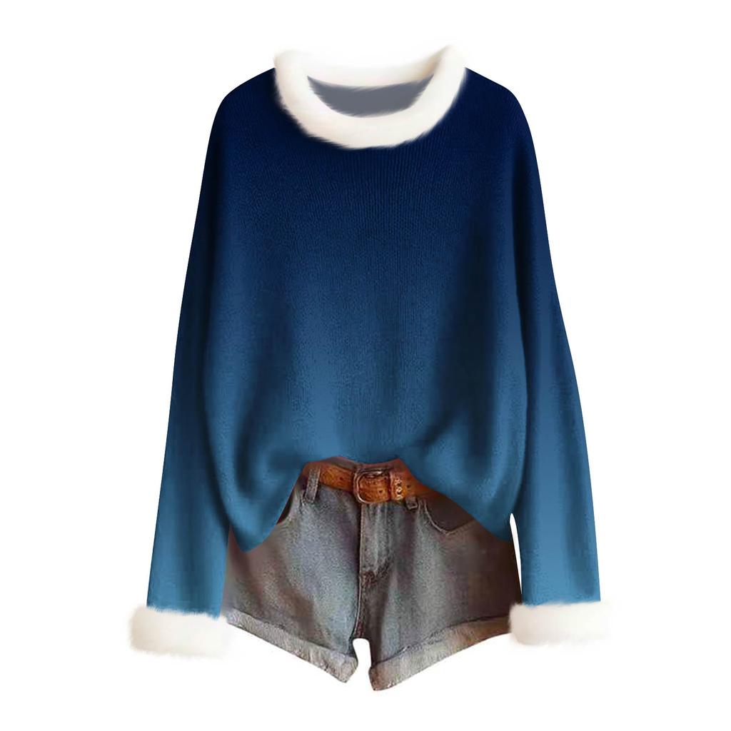 Women's Fashion Print Wool-Collar Sweater Casual Long-Sleeve Knit Pullover Top