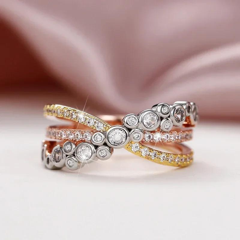 Luxury Three-Tone Women'S Wedding Ring Bling White Cz Inlaid Fancy Cross Design Special Interest Finger Jewelry