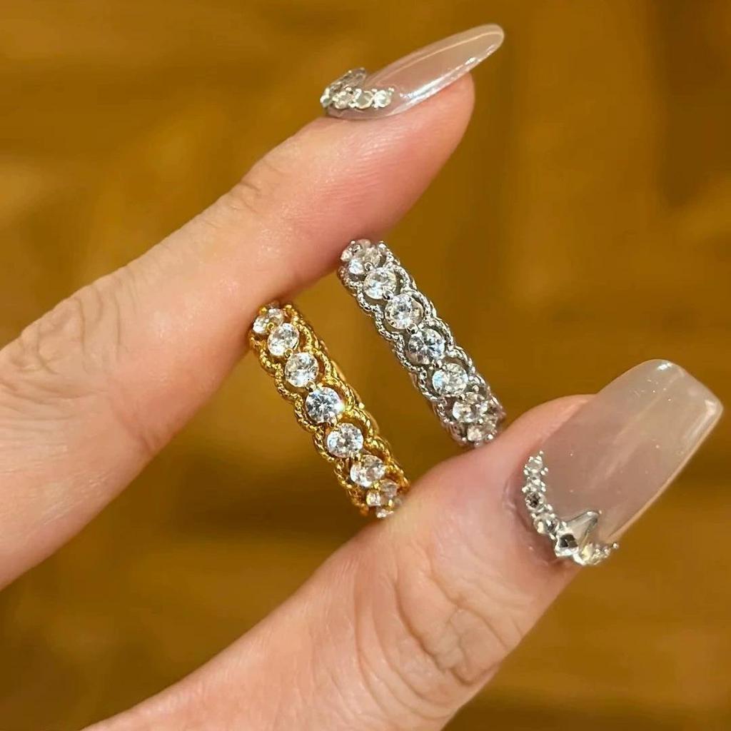 Vintage Spitze Ausgespart Goldplattiert Diamant Bandring - Damen Leichter Luxus Nischenstil