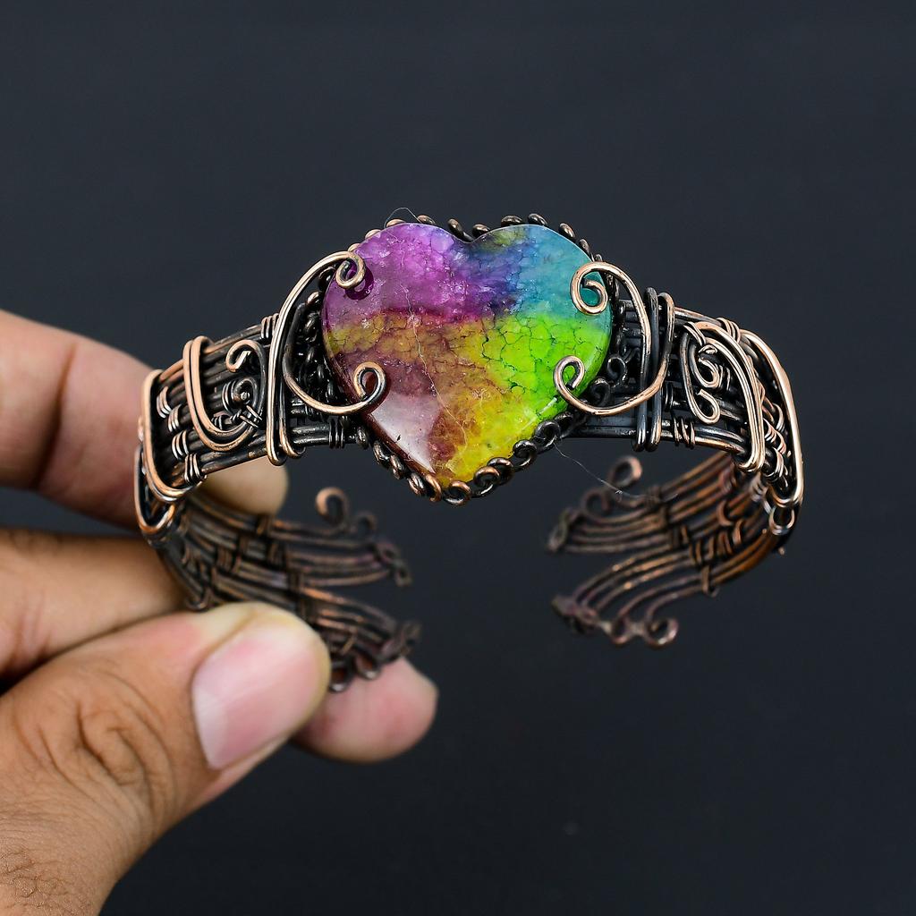 Natural Rainbow Solar Quartz Gemstone Copper Wire Wrap Bangle Adjustable z1E54