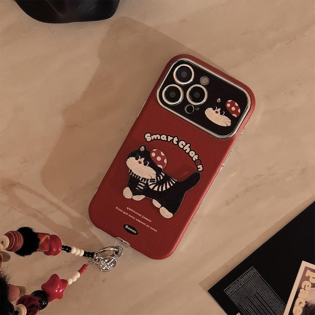 Ins Red Cartoon Cat Suitable for 16pro Max Apple Mobile Phone Case Iphone15 Leather Cartoon 17 Hanging Chain