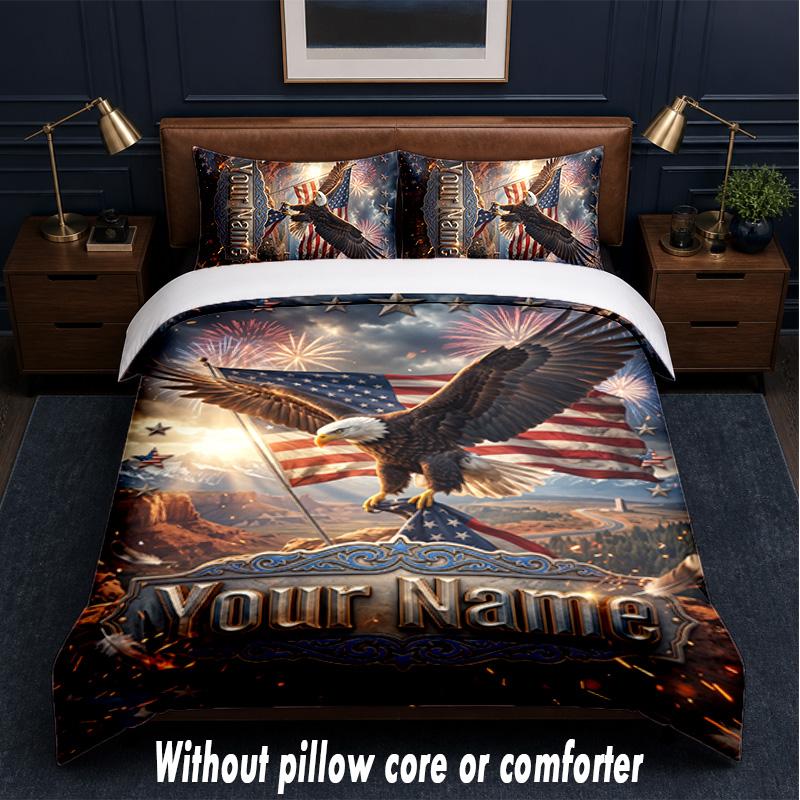 Amerikanisches Patriotisches Thema Benutzerdefinierter Text Oder Name 3-teiliges Bettwäsche-Set, 1 Spannbettlaken & 2 Kissenbezüge Personalisierte Heim-Bettwäsche
