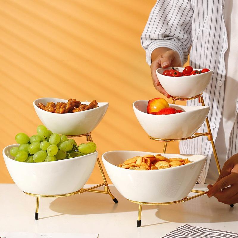European Light Luxury Multi-Layer Fruit Plate Creative Living Room Household High-Value Ceramic Snack Candy Plate Dim Sum Dried Fruit Basket