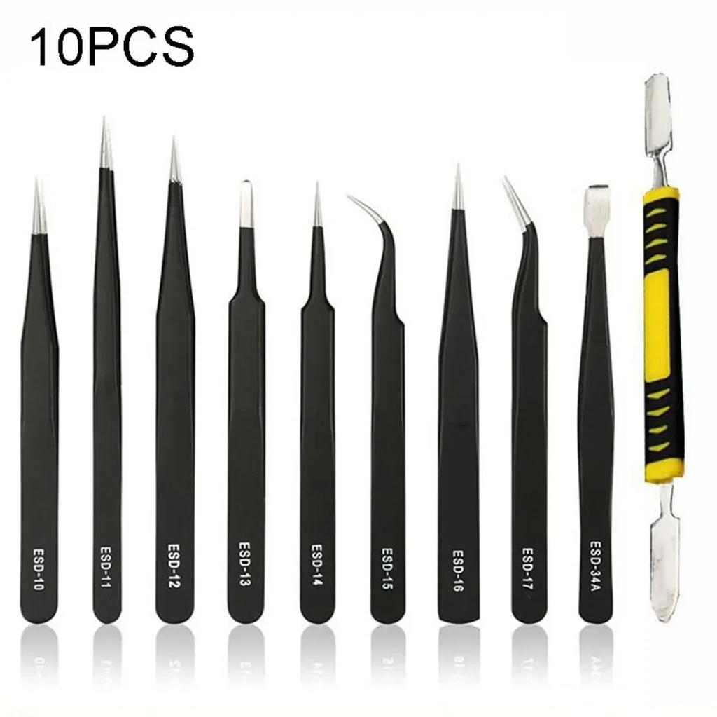 10 IN 1 Stainless Steel Precision Antistatic Electrostatic Tweezers Set Maintenance Tools Professional Electronic Tweezers