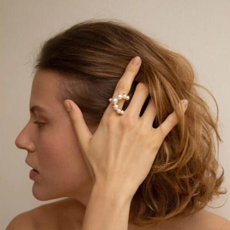 Fashion Big Geometric Pearl Paved Rings For Women New Jewelry Personality Statement Open Ring Adjustable Bijoux