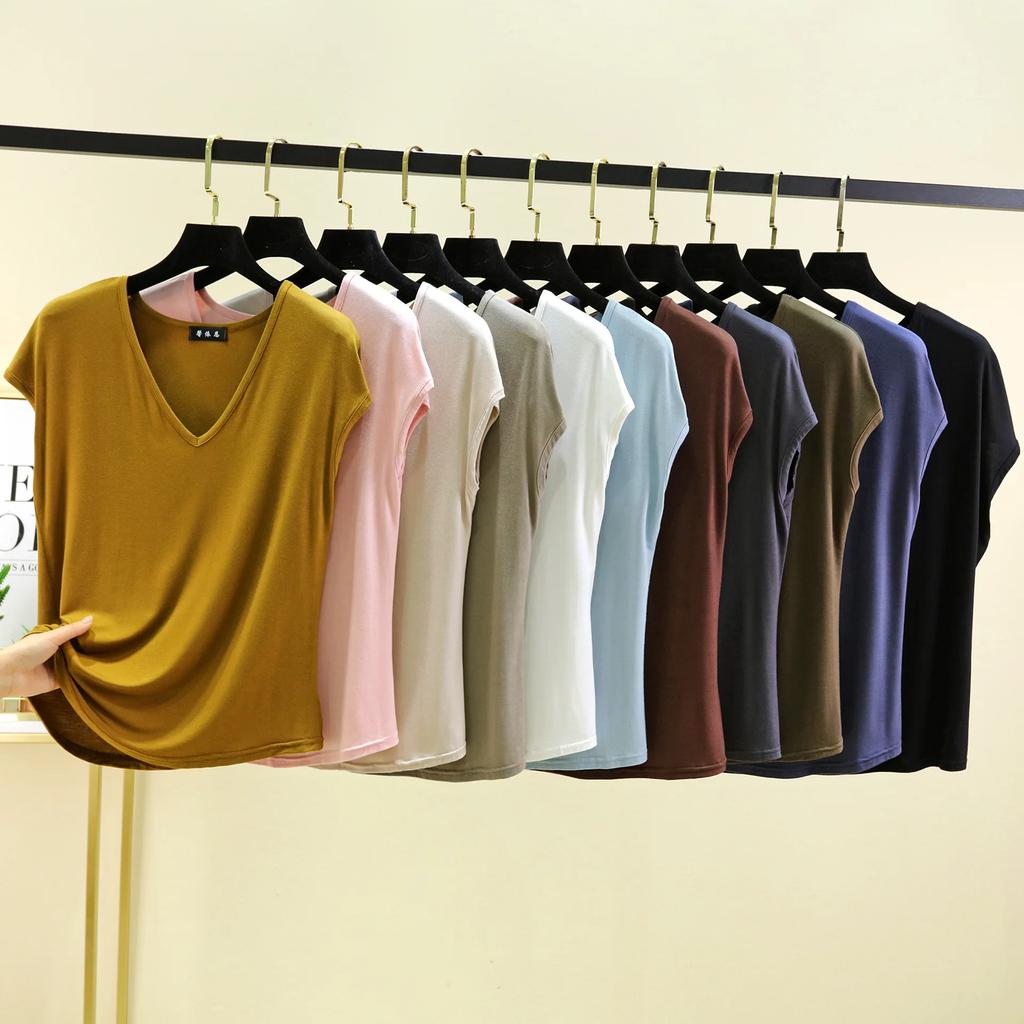 Modal V-Neck Tank Tops Summer Women's T-shirts Sleeveless Plus Size Thin Casual Loose Tee Tops