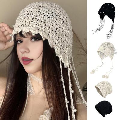 Women Crochet Hat Solid Color Ethnic Style Knitted Hat with Tassel Trim Lace-up Handmade Crochet Hat