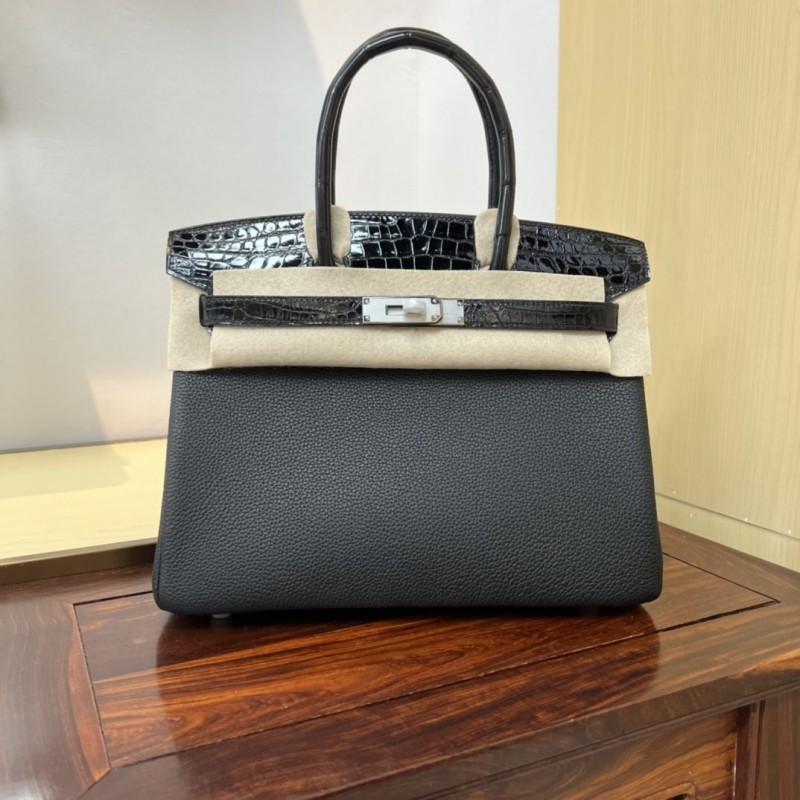 Yi Jinyuan 2023 Silver Button Alligator Pattern Stitching Cowhide Platinum Women s Handbag Gold Lady Bag 25x14x19cm