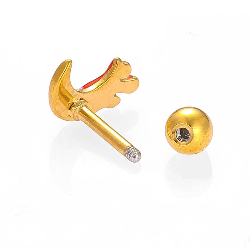 316L Stainless Steel Star & Moon Ear Cartilage Studs - Colorfast Oil Drip Round Ball Spiral Design.
