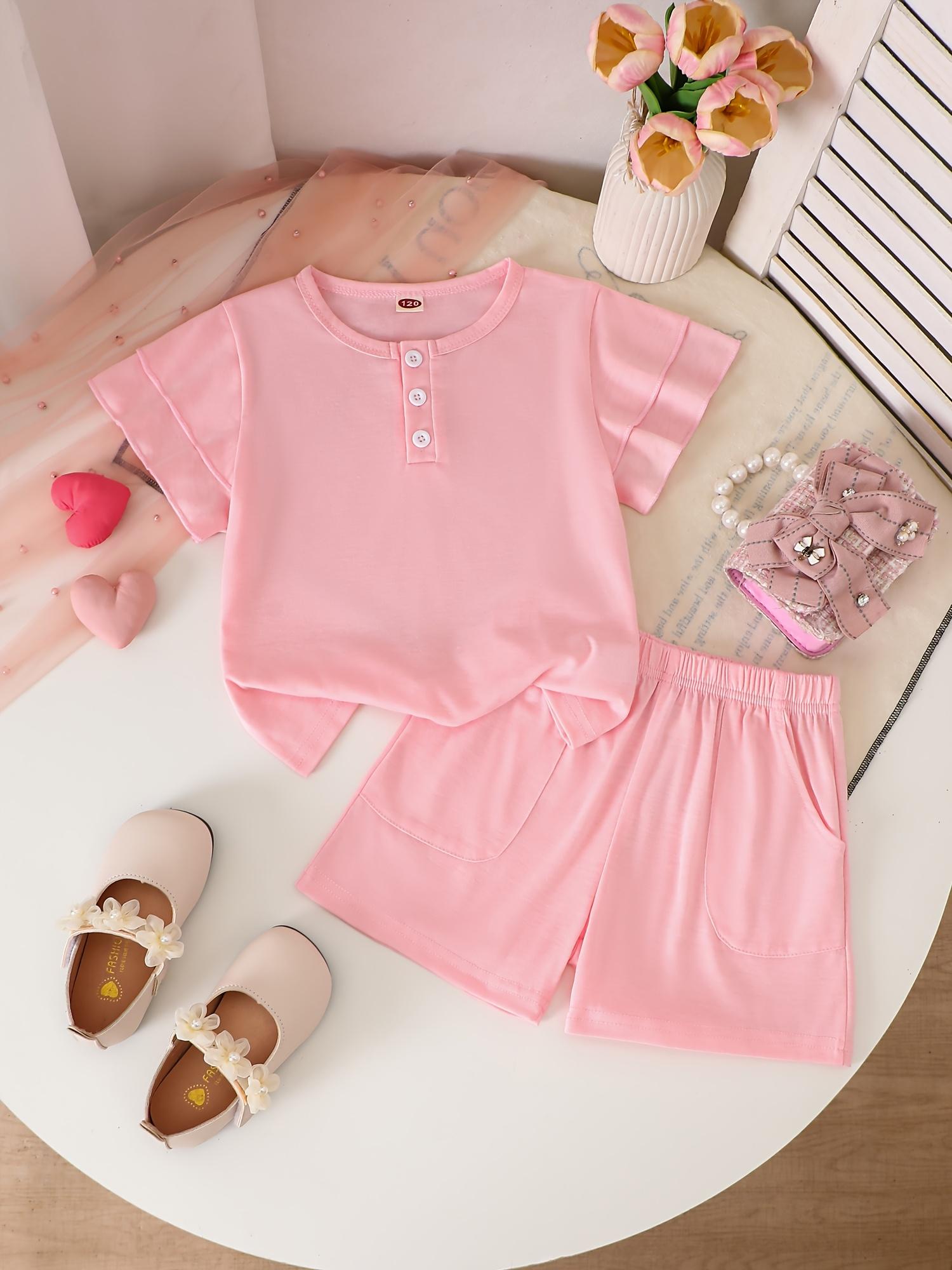 Girls Outfit 7-14 Years Puff Sleeve Blouse Elastic Waistband Shorts Front Buttons Pockets Comfortable Fabric School and Daily Wear 120 розовый