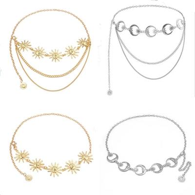 Chaîne de taille métallique Lune Croissante & Tournesol pour Femmes - Ceinture Réglable Décoration de Corps