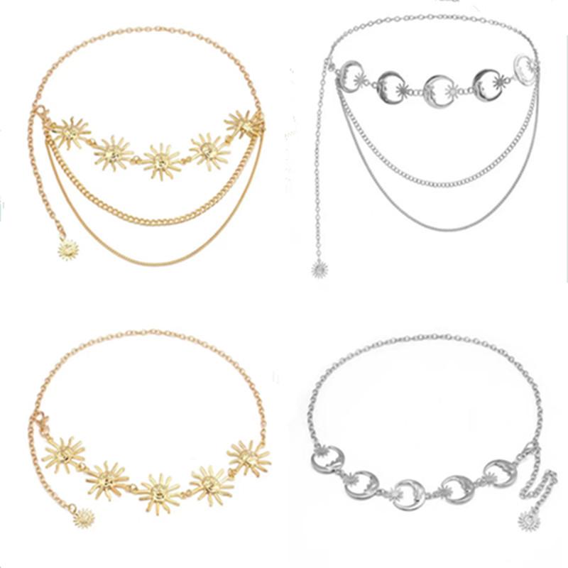 Crescent Moon & Sunflower Metal Waist Chain for Women - Adjustable Waistband Body Decoration
