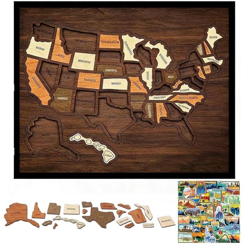 

Wooden USA Travel Map Puzzle 50 States Removable Pieces Journey Tracker with Stickers Wall Art Home Decor for Couples Family Travelers RV Desktop Gift