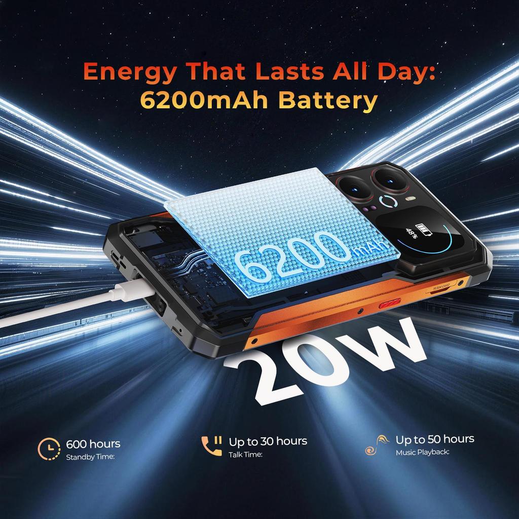HOTWAV Smartphone Robusto Cyber 18, Android 16, Pantalla secundaria, 20 GB de RAM + 256 GB de ROM, 6200 mAh 20 W, Cámara 64 MP, NFC/OTG/Doble SIM/IP68 e IP69K