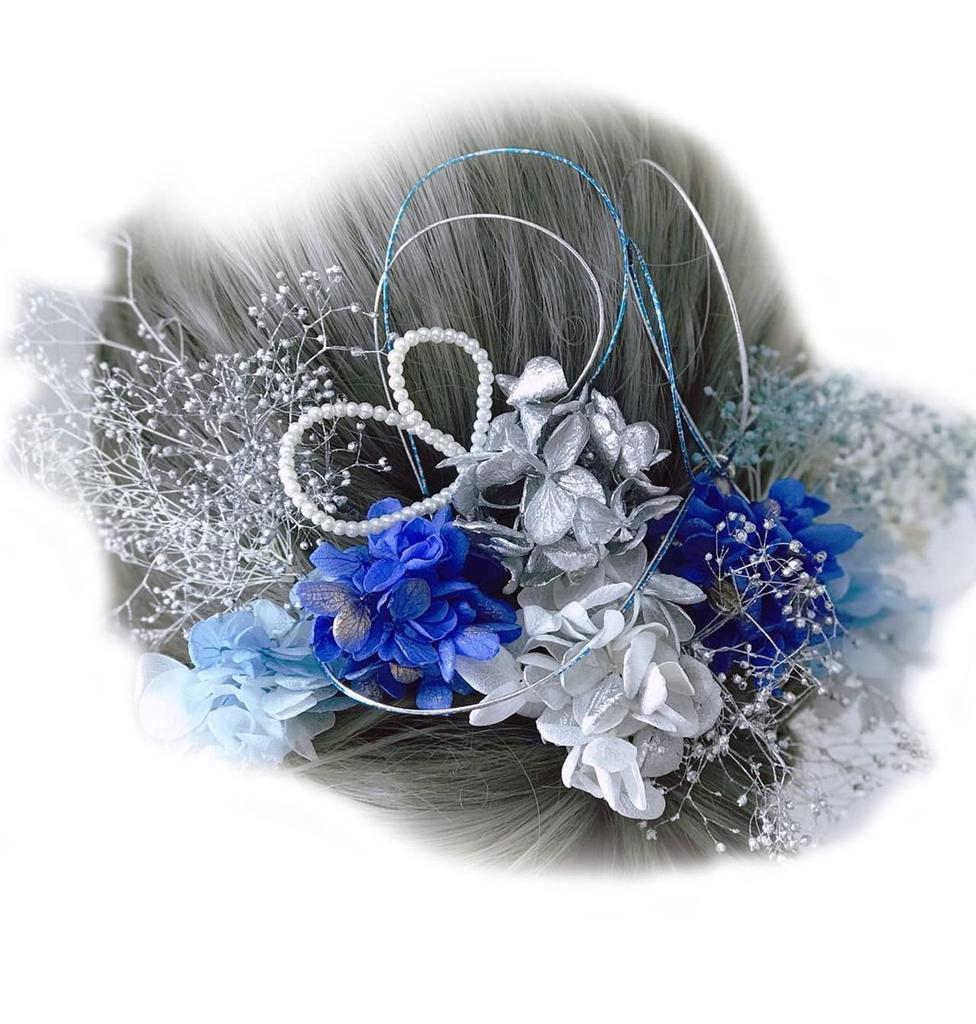 Hair Ornament for and and Gold Coming-of-Age Ceremonies, Graduations, Weddings Hydrangea, Baby's Breath, Pearl, Mizuhiki, Blue, White, Silver,