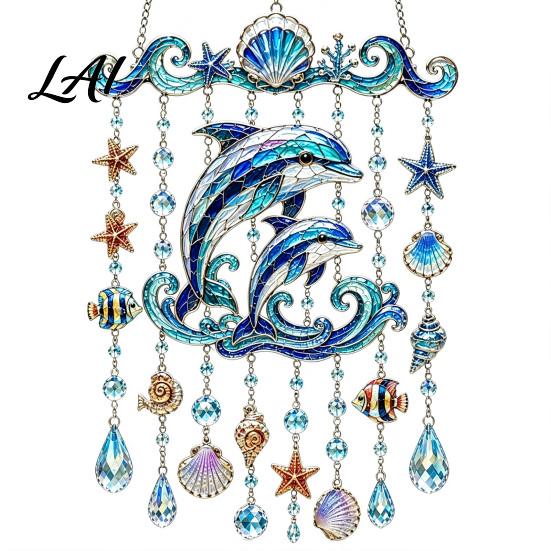 Balcony Hanging Decor Ocean-Themed Wind Chime Decoration Animal Sun Catcher with Faux Crystal Drops Tropical Fish Garden Decoration Stained