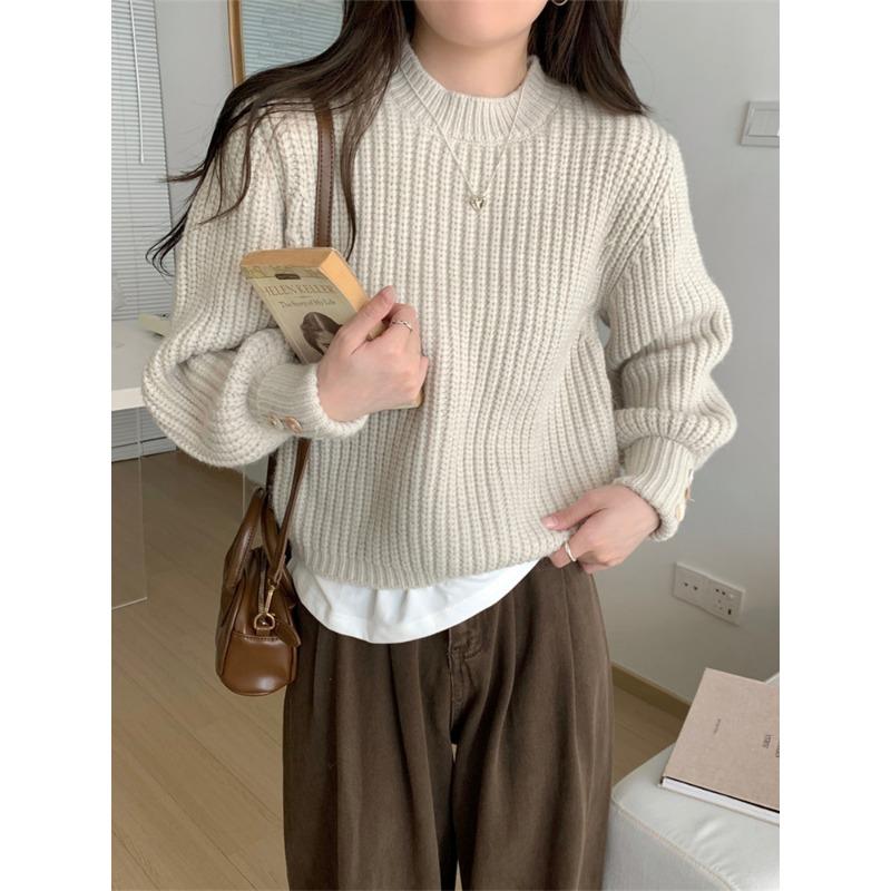New autumn and winter solid color thickened lantern sleeve pullover sweater women's design sense fashion inside knitted sweater tide