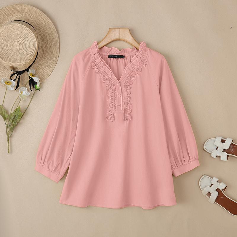ZANZEA Women Lace Crochet Patchwork V-Neck Casual Long Sleeve Blouse