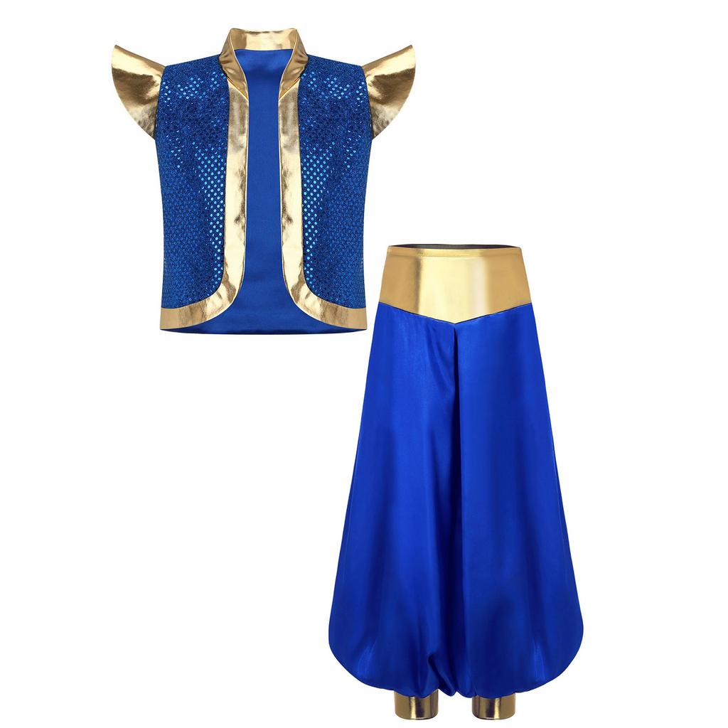 Set 2 Piese Vestă Basm Arabesc Băieți Paiete Metalic Guler Înalt Umeri Pad Pantaloni Largi Talie Înaltă