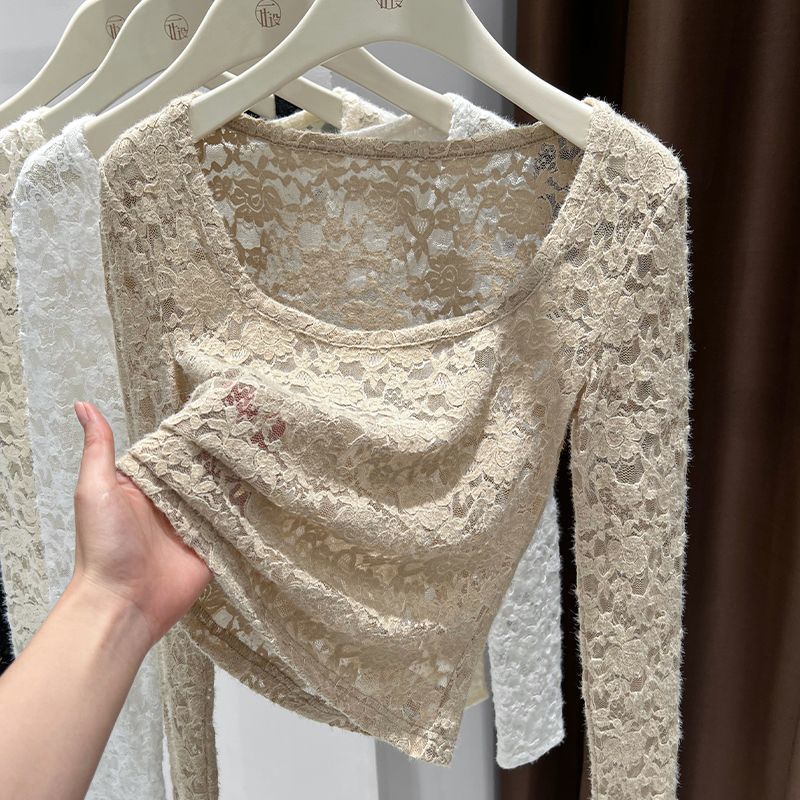 Women's Long Sleeve Lace Blouse Square Neck Sheer Slim Fit Elegant Top