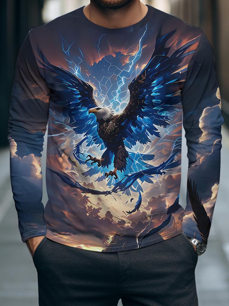 This men's long-sleeved T-shirt features an electric blue eagle design, giving it a stylish and cool look.