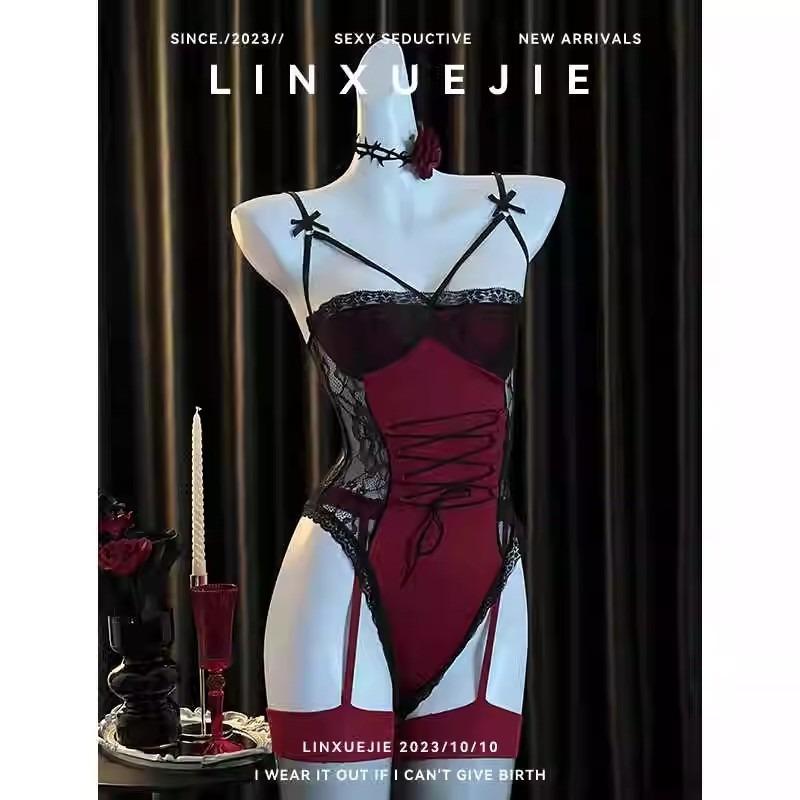 Large Size Sexy Bunny Girls Cosplay Uniform Temptation Lace Up Lingerie Hidden Button Open Crotch Bodysuit with Garter Stockings