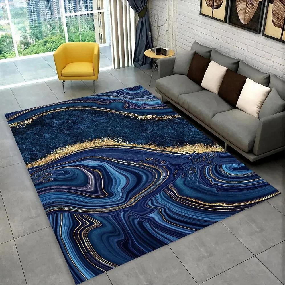 Sophisticated Nordic Blue and Gold Marble Floor Mat Geometric Carpet for Living Room or Bedroom Non-Slip Rug for Sofa Doormat