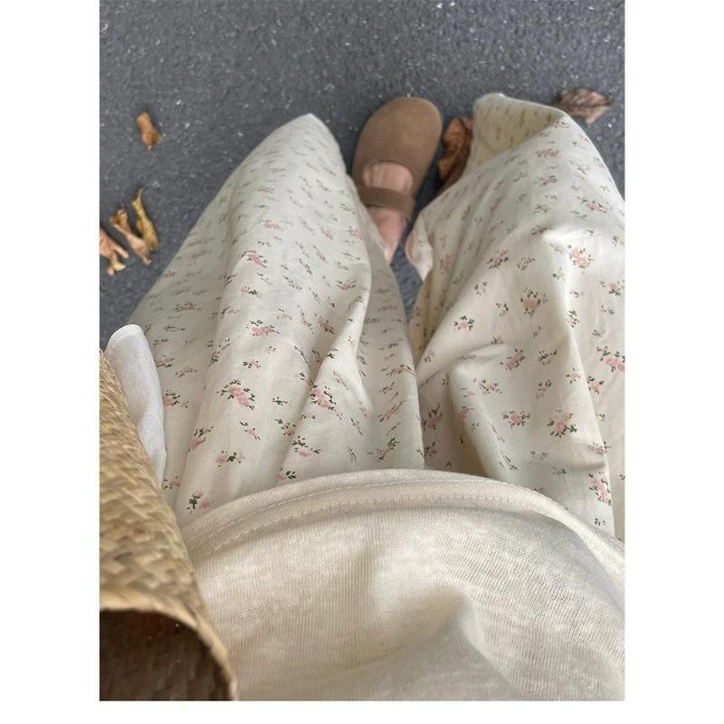 

Women Floral Elastic Waist Wide Leg Pants Casual Loose Trousers L бежевый