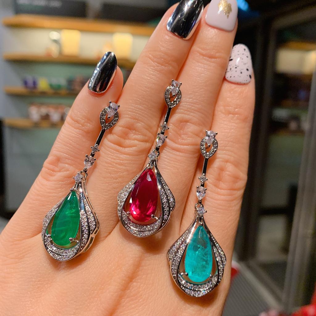 Cross Border S925 Silver Needle Paraibal Emerald Red Corundum Earrings Fashion
