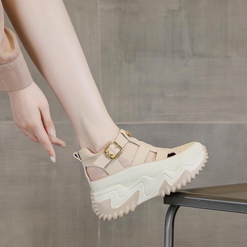 2024 Damen Echtleder Atmungsaktive Höhenvergrößernde Sandalen, 7 cm Dicke Sohle, Vielseitig & Lässig