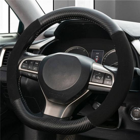 14.5-15 Car Steering Wheel Cover Suede Leather Carbon D-Shaped Universal