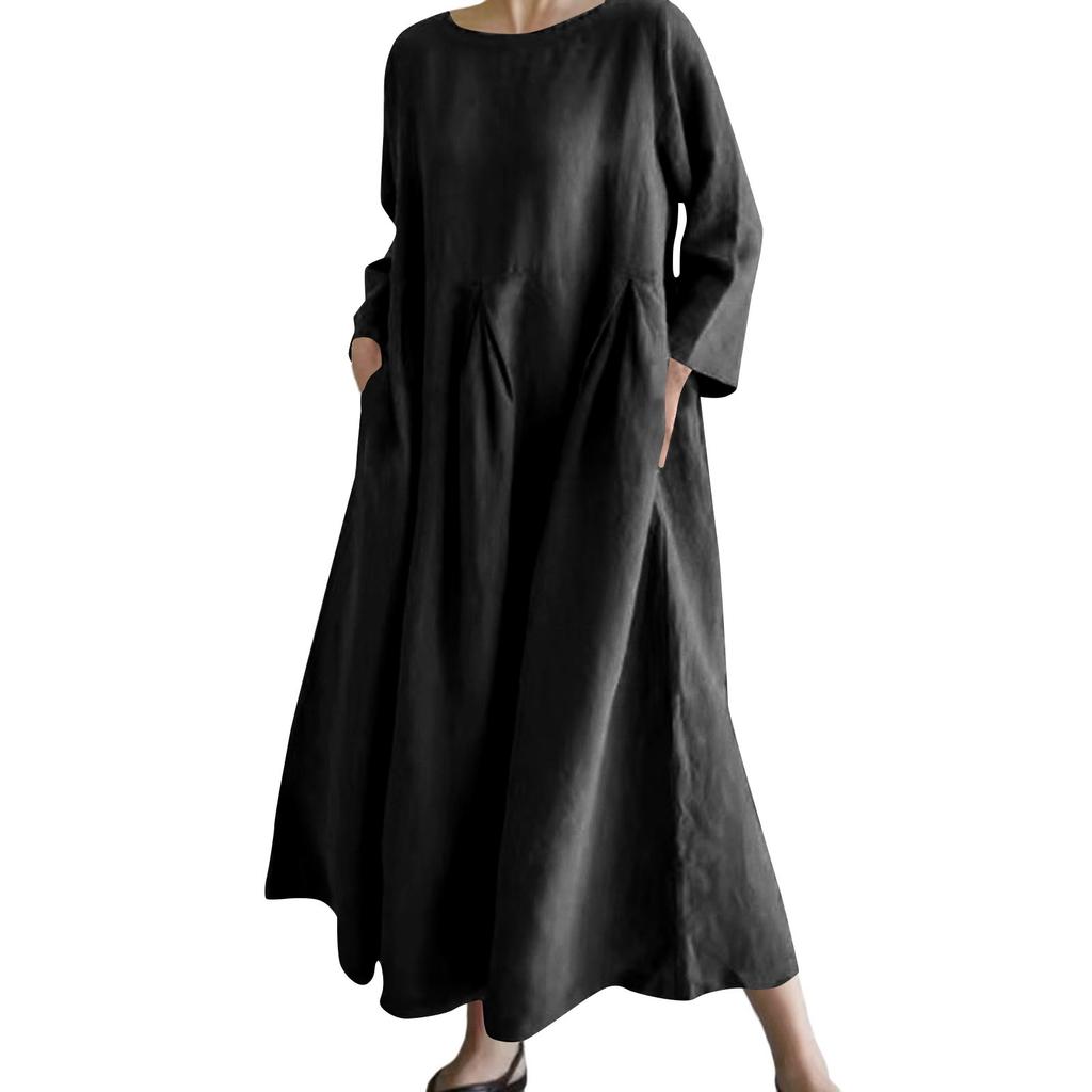A Fashionable -color Round-neck, Long-sleeved, Loose And Large-swing Pocket Dress For Ladies