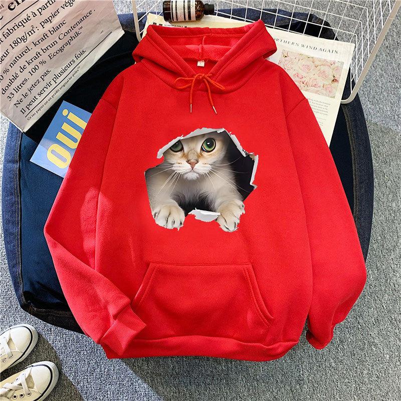 Autumn and Winter Cat Print Loose Hooded Sweatshirt 7013