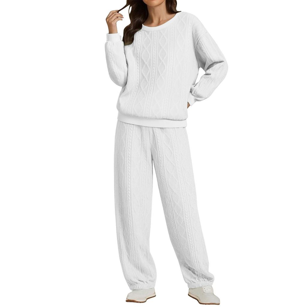 Women's Fashion Color Round Neck Long Sleeve Top Elastic Waist Casual Pants Loose Sports Two Piece Set