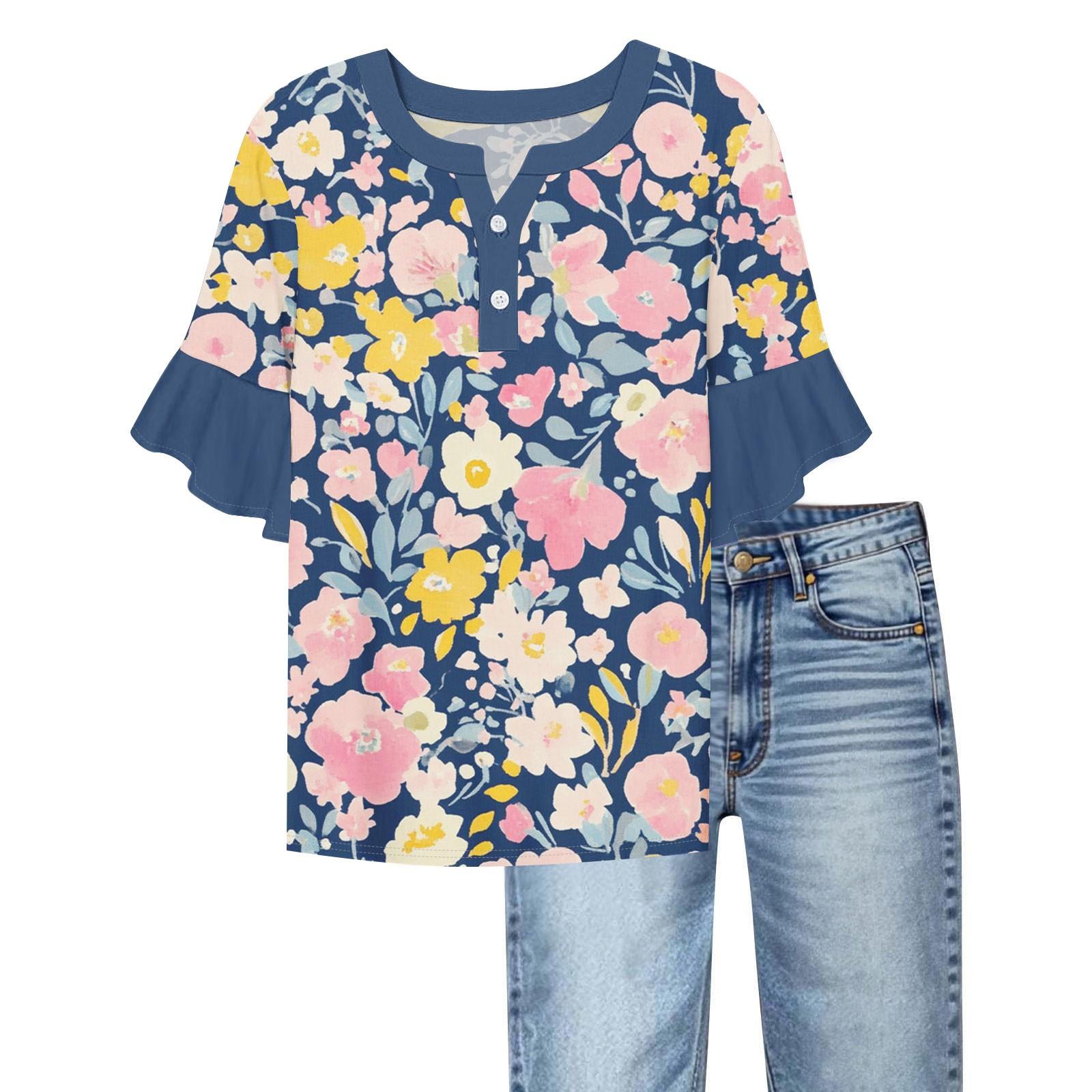 

Women s Casual Fashion V-neck Ruffled Sleeves Loose Versatile Color Short Sleeves L синий