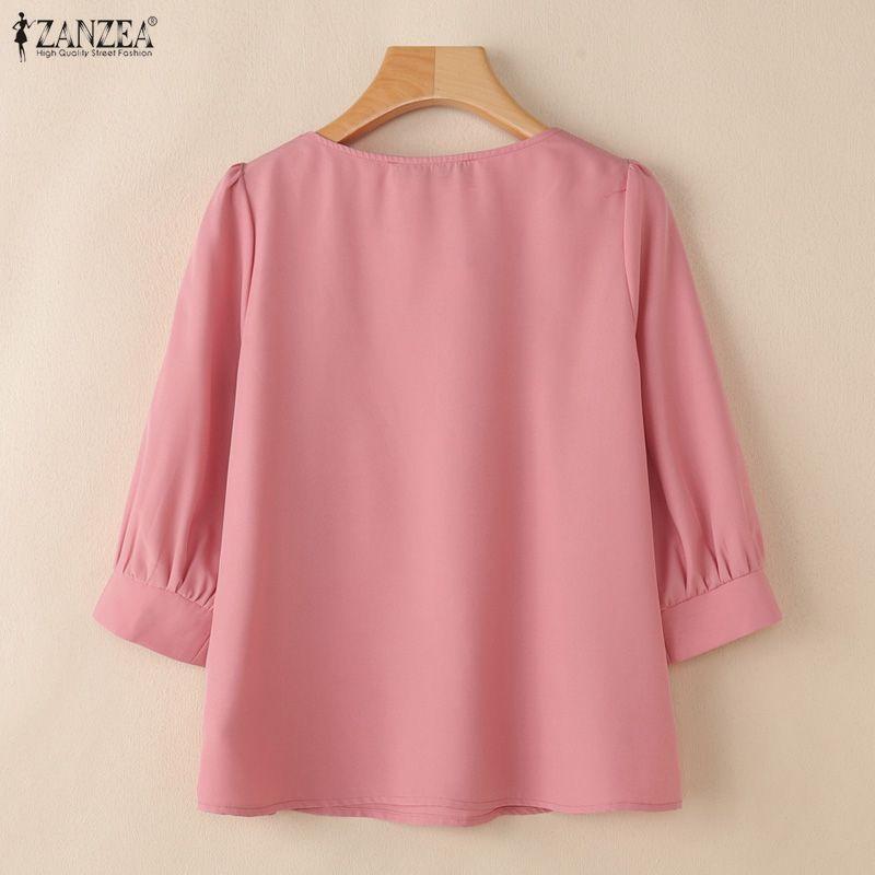 ZANZEA Women Square Collar Summer Casual 3/4 Sleeve Solid Blouse
