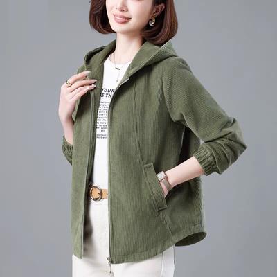 Lässiger Cord-Mantel für Damen Frühling Herbst Locker Mit Kapuze Windjacke Mode für Mütter mittleren Alters