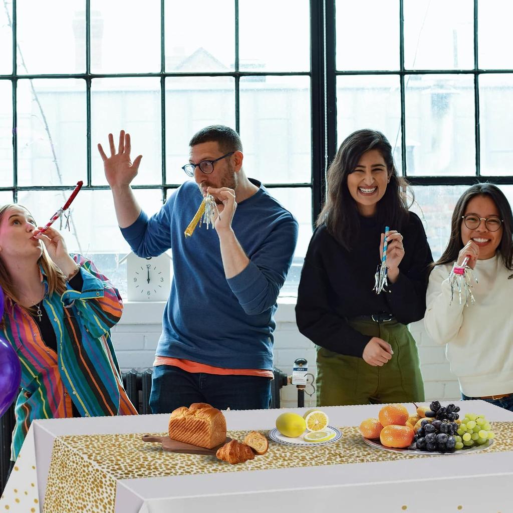 MOLFUJ 54" X 108" White and Gold Plastic Tablecloth for Party, 2 Pack Disposable White Table Cloths for 8ft Rectangular Table, Birthday, Wedding