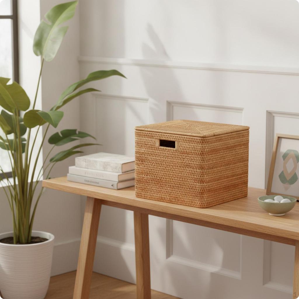 Cesta de Armazenamento de Rattan com Tampa Recipiente com Tampa Tecido à Mão