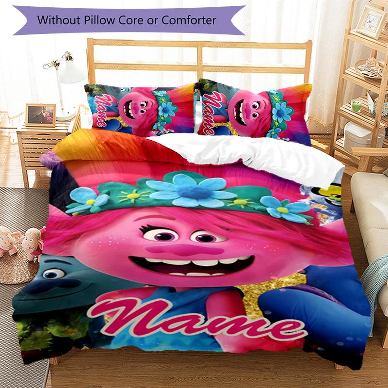 3pcs Trolls3 Cover Set - Personalized Name, HD Printed Bedding with 1 Cover and 2 Pillowcases - Perfect for Home Decor, Easy Care