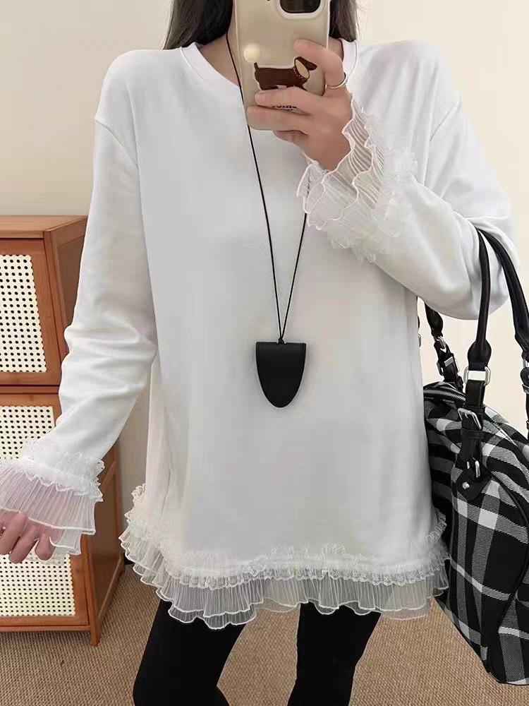 Plus Size Women's White Lace Embroidered T-shirt, Spring 2025 Collection: Loose Fit, Versatile Outerwear Top