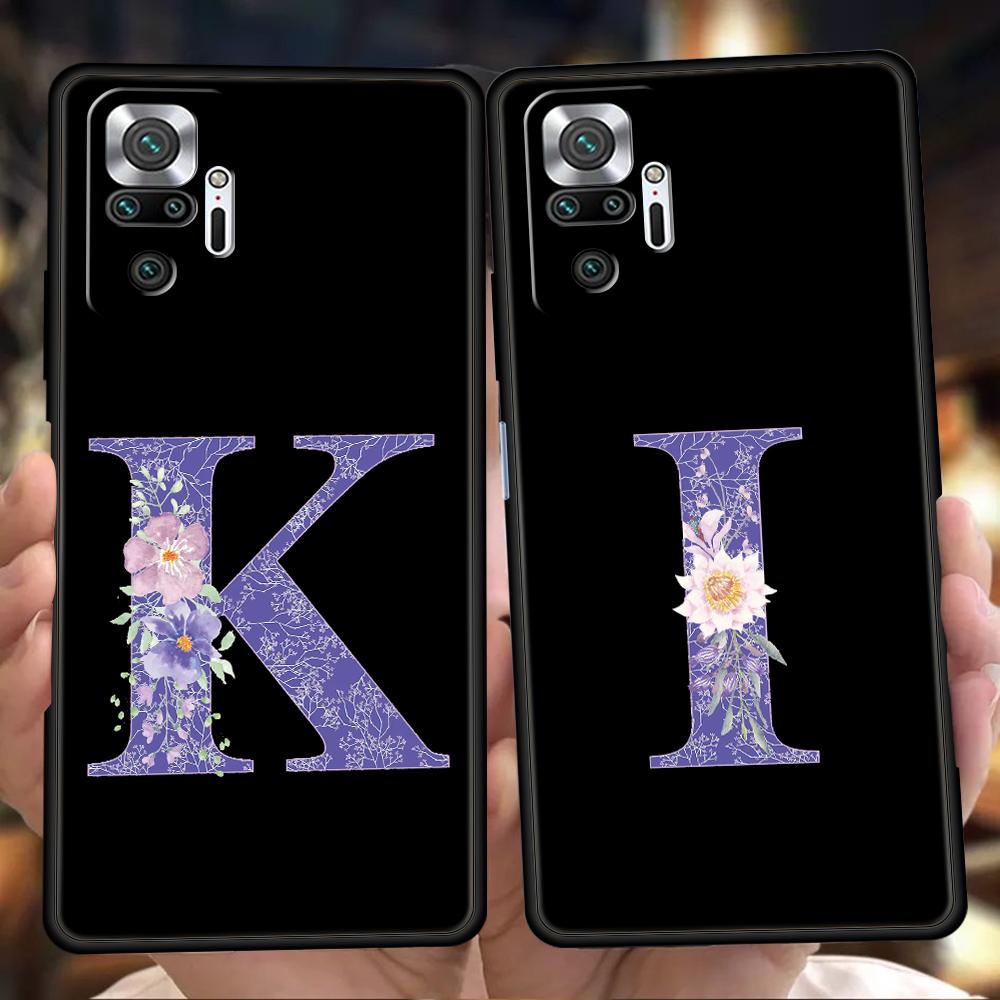 Initial Letter Retro Purple Flower Phone Case For Xiaomi Redmi Note 14 5G 13 12 10 11 Pro Plus 4G 14C 13C 12C 10C 9C TPU Cover