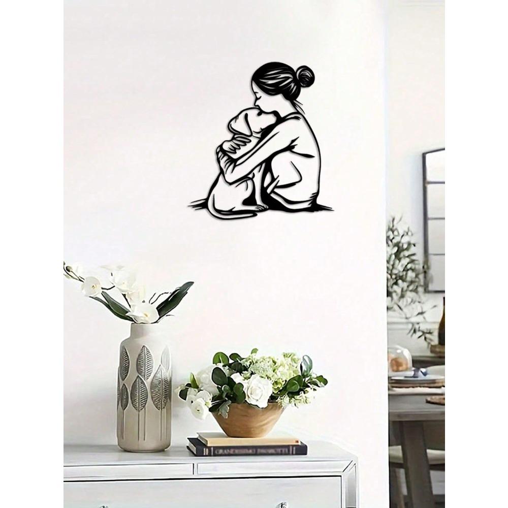 Art Deco Frau Hund Wandkunst, Metalllinien-Skulptur, Moderne Wohnkultur, Einzigartiges Haustierliebhaber-Geschenk, Metall-Wanddekor für das Wohnzimmer
