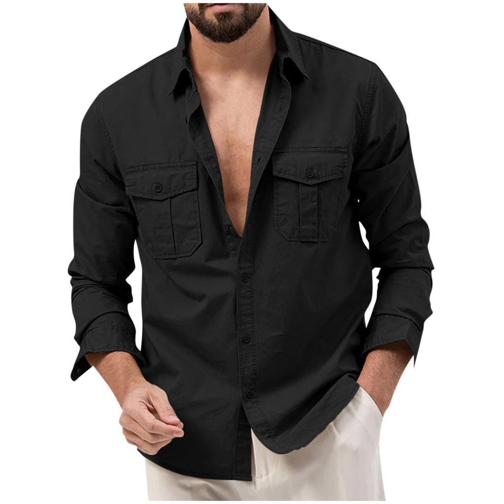 Men'S Shirt With Double Pockets, Casual Long Sleeved Top, Fashionable Cardigan