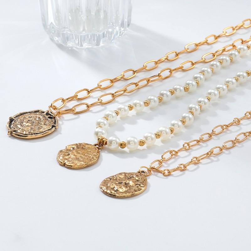 Layered Gold-Tone Alloy Necklace Set With Multi-Row Imitation Pearl Coin Pendants Women Geometric Chic Statement Jewelry